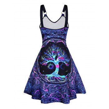 Colorful Life Tree Print V Neck Dress O Ring Straps Sleeveless A Line Tank Dress 