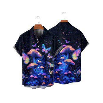 Men`s Colorful Butterfly Mushroom Print Button Up Roll Up Short Sleeve Gothic Hawaii Shirt 
