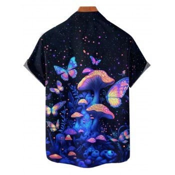 Men`s Colorful Butterfly Mushroom Print Button Up Roll Up Short Sleeve Gothic Hawaii Shirt 