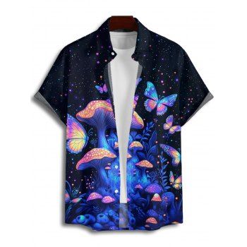 Men`s Colorful Butterfly Mushroom Print Button Up Roll Up Short Sleeve Gothic Hawaii Shirt 