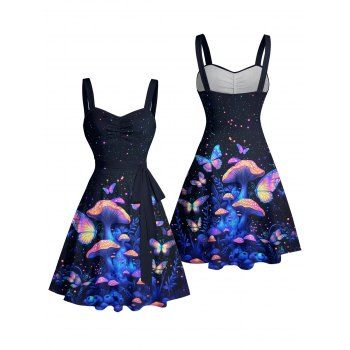 Sweetheart Neck Butterfly Mushroom Print Ruched Bust Tank Belt Sleeveless Summer Dress 