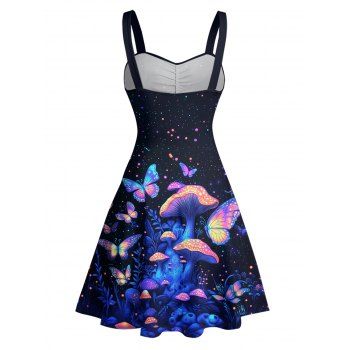 Sweetheart Neck Butterfly Mushroom Print Ruched Bust Tank Belt Sleeveless Summer Dress 