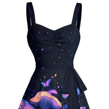 Sweetheart Neck Butterfly Mushroom Print Ruched Bust Tank Belt Sleeveless Summer Dress 