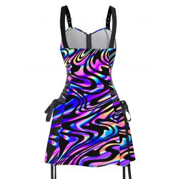 Music Festival Colorful textured graphic prints O-Ring Half Zipper Adjustable Buckle Shoulder Strap Sleeveless Women`s Dress 