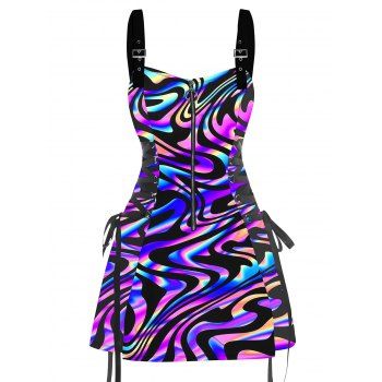 Music Festival Colorful textured graphic prints O-Ring Half Zipper Adjustable Buckle Shoulder Strap Sleeveless Women`s Dress 