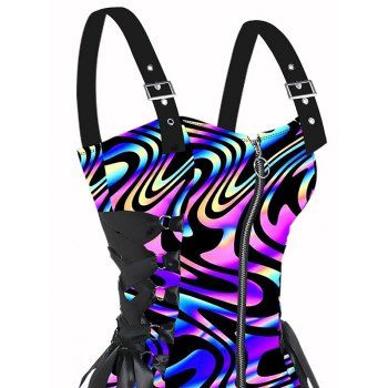 Music Festival Colorful textured graphic prints O-Ring Half Zipper Adjustable Buckle Shoulder Strap Sleeveless Women's Dress