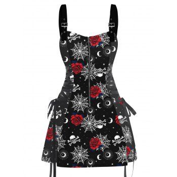 Music Festival Dark Rose Graphic Print O-Ring Half Zipper Adjustable Buckle Shoulder Strap Sleeveless Women`s Dress 