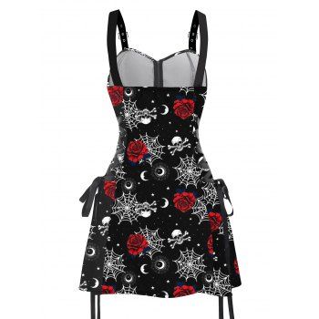 Music Festival Dark Rose Graphic Print O-Ring Half Zipper Adjustable Buckle Shoulder Strap Sleeveless Women`s Dress 