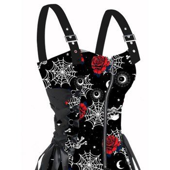 Music Festival Dark Rose Graphic Print O-Ring Half Zipper Adjustable Buckle Shoulder Strap Sleeveless Women`s Dress 