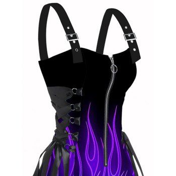 Music Festival Colorful fire pattern print O-Ring Half Zipper Adjustable Buckle Shoulder Strap Sleeveless Women's Dress