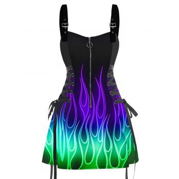 Music Festival Colorful fire pattern print O-Ring Half Zipper Adjustable Buckle Shoulder Strap Sleeveless Women`s Dress 
