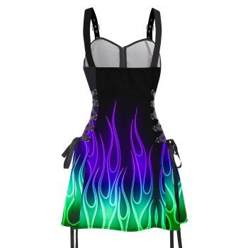 Music Festival Colorful fire pattern print O-Ring Half Zipper Adjustable Buckle Shoulder Strap Sleeveless Women`s Dress 