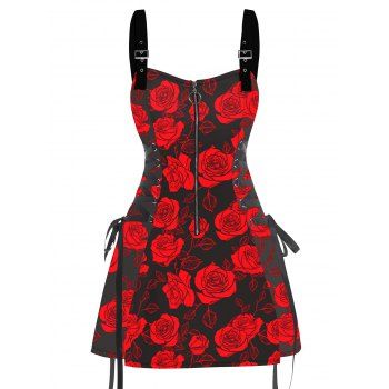 Music Festival Red Rose Pattern Print O-Ring Half Zipper Adjustable Buckle Shoulder Strap Sleeveless Women`s Dress 