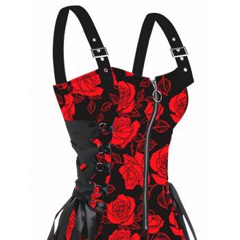 Music Festival Red Rose Pattern Print O-Ring Half Zipper Adjustable Buckle Shoulder Strap Sleeveless Women's Dress