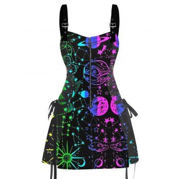 Music Festival Star and moon pattern print O-Ring Half Zipper Adjustable Buckle Shoulder Strap Sleeveless Women`s Dress 