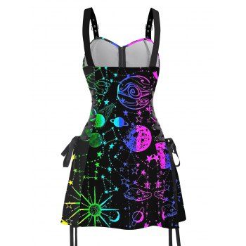 Music Festival Star and moon pattern print O-Ring Half Zipper Adjustable Buckle Shoulder Strap Sleeveless Women`s Dress 