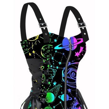 Music Festival Star and moon pattern print O-Ring Half Zipper Adjustable Buckle Shoulder Strap Sleeveless Women`s Dress 