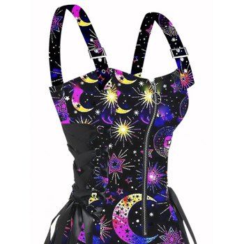 Gothic Sun Moon Star Pattern Print Lace Up Dress Half Zipper Adjustable Buckle Shoulder Strap A Line Mini Dress
