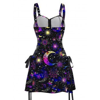 Gothic Sun Moon Star Pattern Print Lace Up Dress Half Zipper Adjustable Buckle Shoulder Strap A Line Mini Dress 