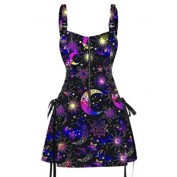 Gothic Sun Moon Star Pattern Print Lace Up Dress Half Zipper Adjustable Buckle Shoulder Strap A Line Mini Dress 
