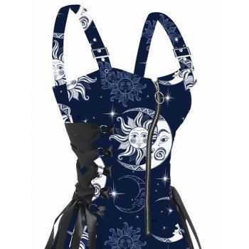 Music Festival Celestial Sun Moon Pattern Print Lace Up Dress Adjustable Buckle Shoulder Strap Half Zipper Mini Dress