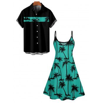 Hawaii Palm Tree Print Vacation Spaghetti Strap V Neck A Mini Dress And Short Sleeve Shirt Matching Outfit