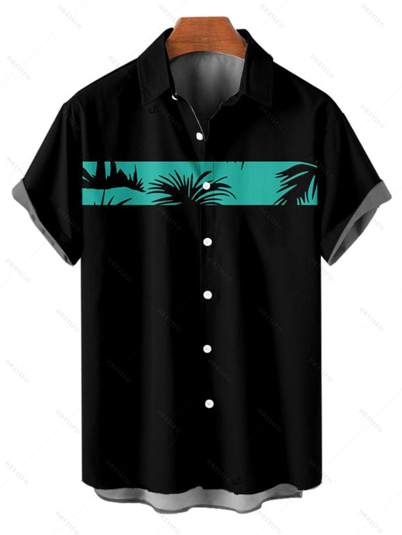 Chemise de Vacances Boutonnée Palmier Imprimé à Manches Courtes - Noir S