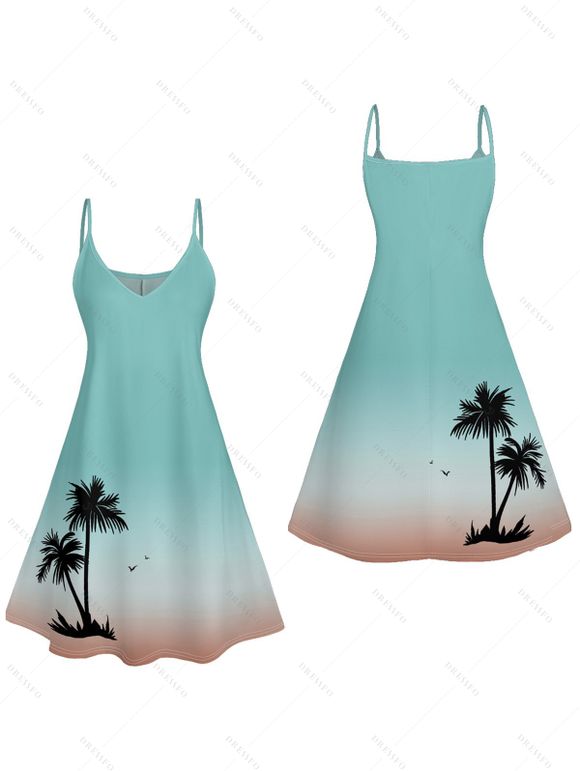 Mini Robe de Vacances Arbre Palmier Imprimé à Bretelle Fine à Col V - Vert clair XXL | US 14