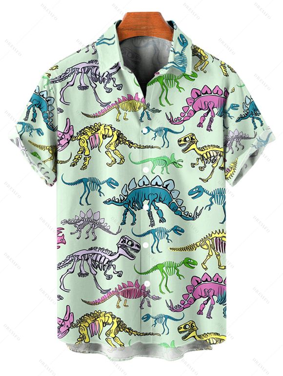 Chemise de Vacances Dinosaure Mignon Squelette Cactus Imprimés à Manches Courtes - Vert clair M