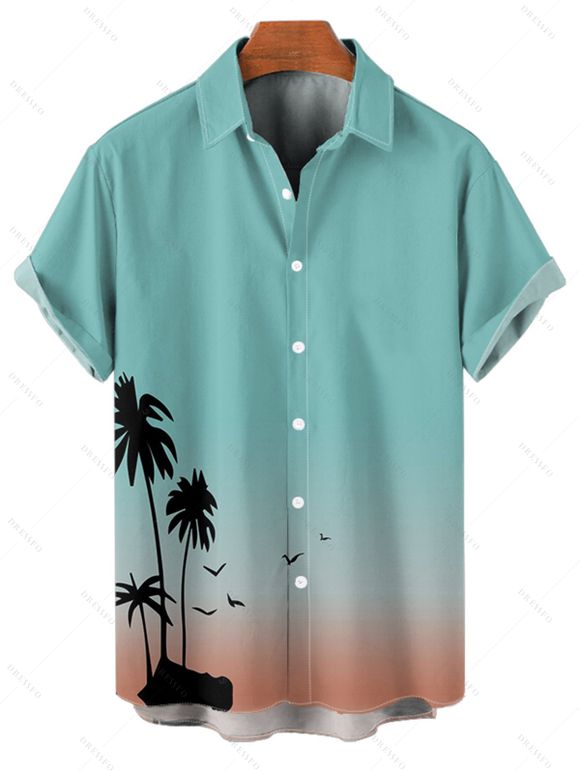 Ombre Palm Tree Print Hawaii Vacation Spaghetti Strap V Neck A Pendulum Mini Dress And Short Sleeve Shirt Matching Outfit - Vert clair S | US 4