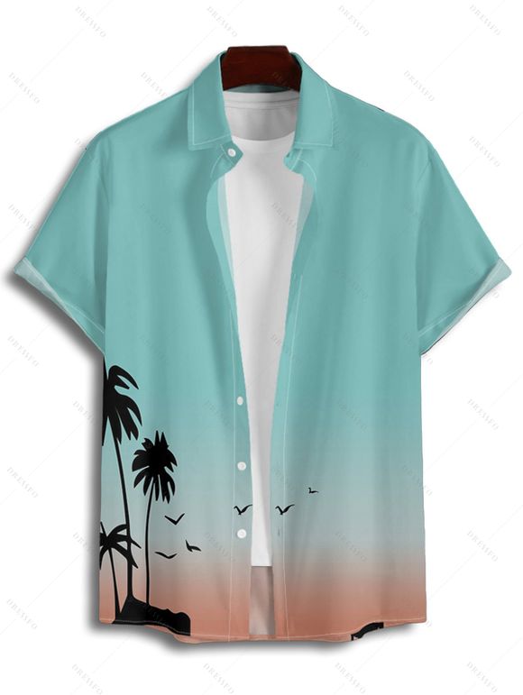 Ombre Palm Tree Print Hawaii Vacation Spaghetti Strap V Neck A Pendulum Mini Dress And Short Sleeve Shirt Matching Outfit - Vert clair S | US 4