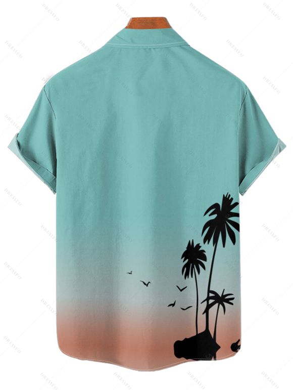 Ombre Palm Tree Print Hawaii Vacation Spaghetti Strap V Neck A Pendulum Mini Dress And Short Sleeve Shirt Matching Outfit - Vert clair S | US 4