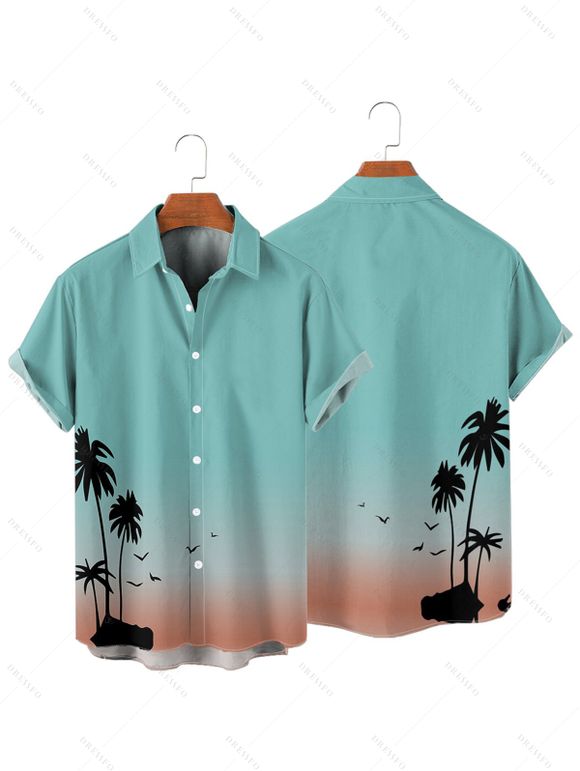 Ombre Palm Tree Print Hawaii Vacation Spaghetti Strap V Neck A Pendulum Mini Dress And Short Sleeve Shirt Matching Outfit - Vert clair S | US 4