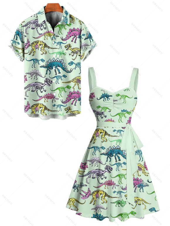 Cute Dinosaur Skeleton Print V Neck Spaghetti Strap Mini Dress And Short Sleeve Shirt Matching Outfit - Vert clair S | US 4