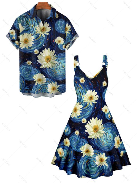 Van Gogh Sunflower Print Women's Sweetheart Neck Mock Button Dress and Men's Button Up Shirt Outfit - Bleu profond S | US 4