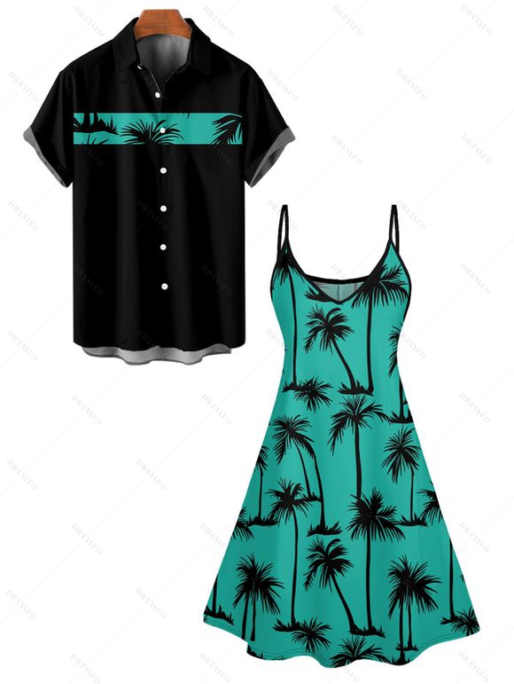 Palm Tree Print Hawaii Vacation Spaghetti Strap V Neck A Pendulum Mini Dress And Short Sleeve Shirt Matching Outfit - Noir S | US 4