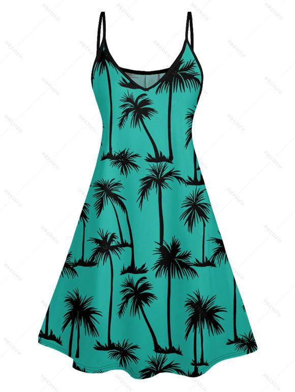 Hawaii Palm Tree Print Vacation Spaghetti Strap V Neck A Mini Dress And Short Sleeve Shirt Matching Outfit - Noir S | US 4