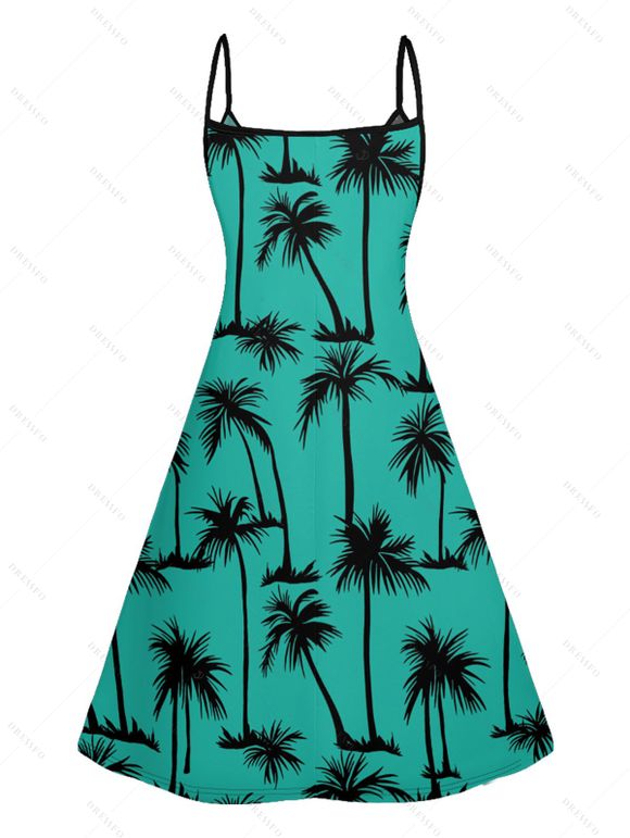 Hawaii Palm Tree Print Vacation Spaghetti Strap V Neck A Mini Dress And Short Sleeve Shirt Matching Outfit - Noir S | US 4