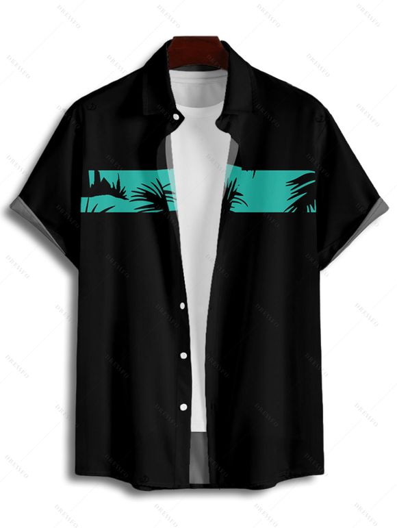 Hawaii Palm Tree Print Vacation Spaghetti Strap V Neck A Mini Dress And Short Sleeve Shirt Matching Outfit - Noir S | US 4