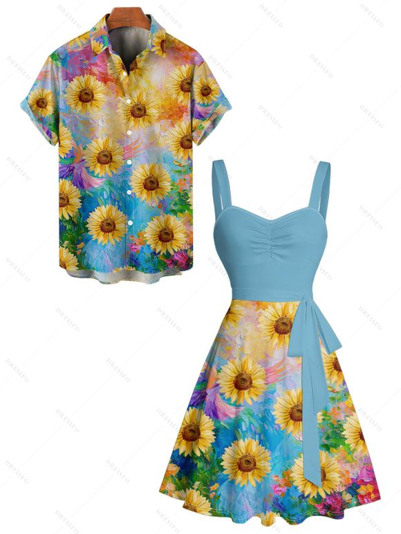 Van Gogh Sunflower Print Women's Sweetheart Neck Mock Button Dress and Men's Button Up Shirt Outfit - Bleu clair S | US 4