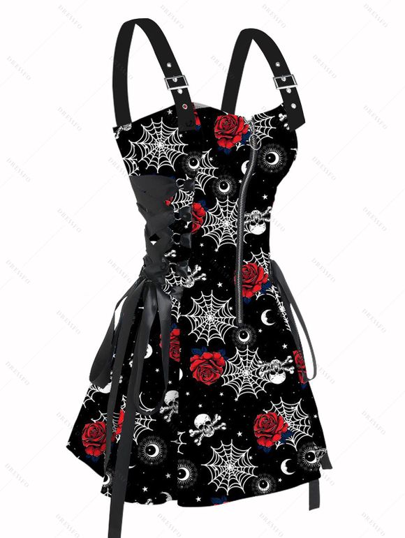 Robe de Fête Ajustable Graphique Rose Imprimée à Demi-Zip sans Manches Bouclée pour Femme - Noir S | US 4