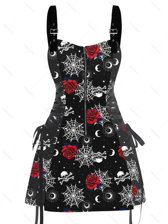 Robe de Fête Ajustable Graphique Rose Imprimée à Demi-Zip sans Manches Bouclée pour Femme - Noir L | US 8-10