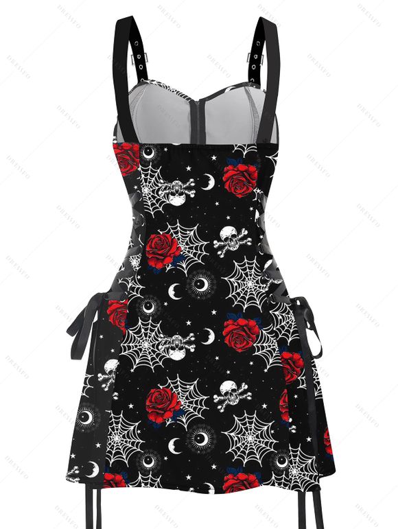 Robe de Fête Ajustable Graphique Rose Imprimée à Demi-Zip sans Manches Bouclée pour Femme - Noir L | US 8-10