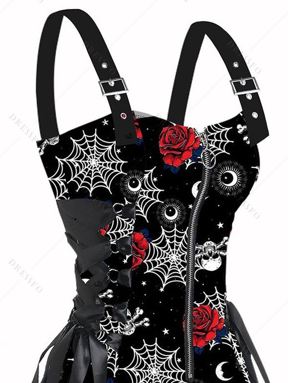 Robe de Fête Ajustable Graphique Rose Imprimée à Demi-Zip sans Manches Bouclée pour Femme - Noir L | US 8-10