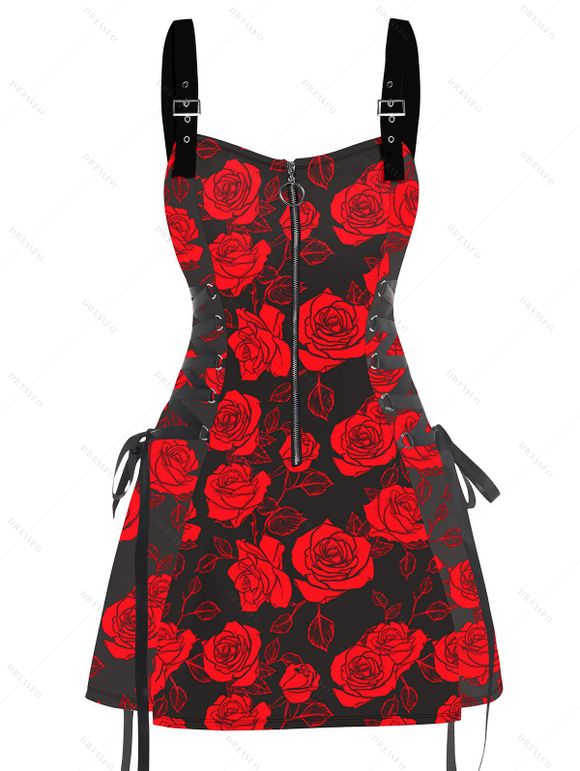 Robe de Fête Ajustable avec Fermeture Éclair et Boucle en O Imprimé Roses Rouges sans Manches pour Femmes - Rouge XL | US 12