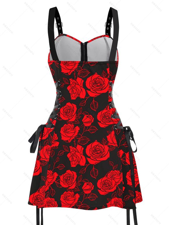 Robe de Fête Ajustable avec Fermeture Éclair et Boucle en O Imprimé Roses Rouges sans Manches pour Femmes - Rouge XL | US 12
