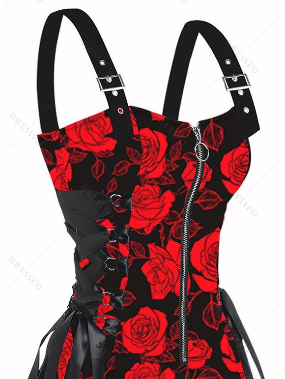 Robe de Fête Ajustable avec Fermeture Éclair et Boucle en O Imprimé Roses Rouges sans Manches pour Femmes - Rouge XL | US 12