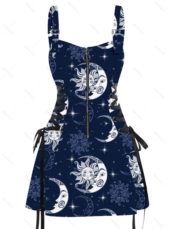 Mini Robe Décontractée à Bretelle Ajustable Bouclée Soleil et Lune Imprimés à Demi-Zip - Bleu profond XXL | US 14