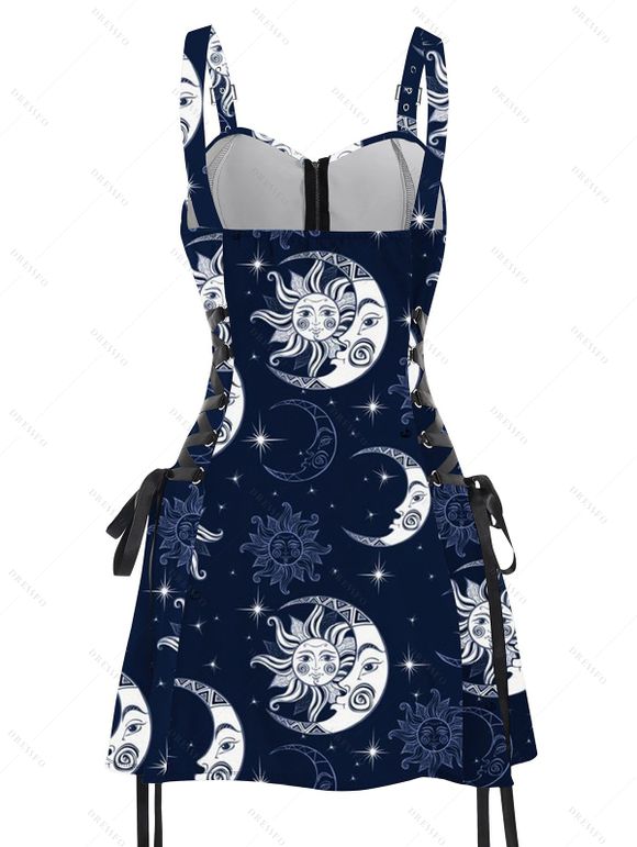 Mini Robe Décontractée à Bretelle Ajustable Bouclée Soleil et Lune Imprimés à Demi-Zip - Bleu profond XXL | US 14