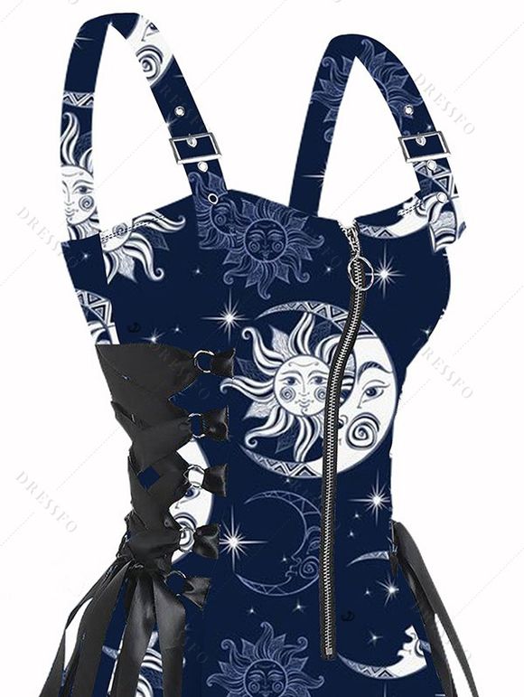Mini Robe Décontractée à Bretelle Ajustable Bouclée Soleil et Lune Imprimés à Demi-Zip - Bleu profond XXL | US 14